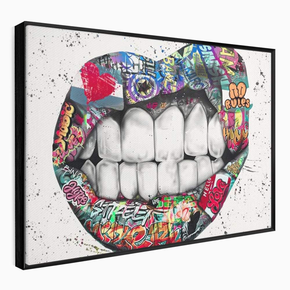 Tablou canvas cu tablou canvas cu buze graffiti, in rama de aluminiu negru